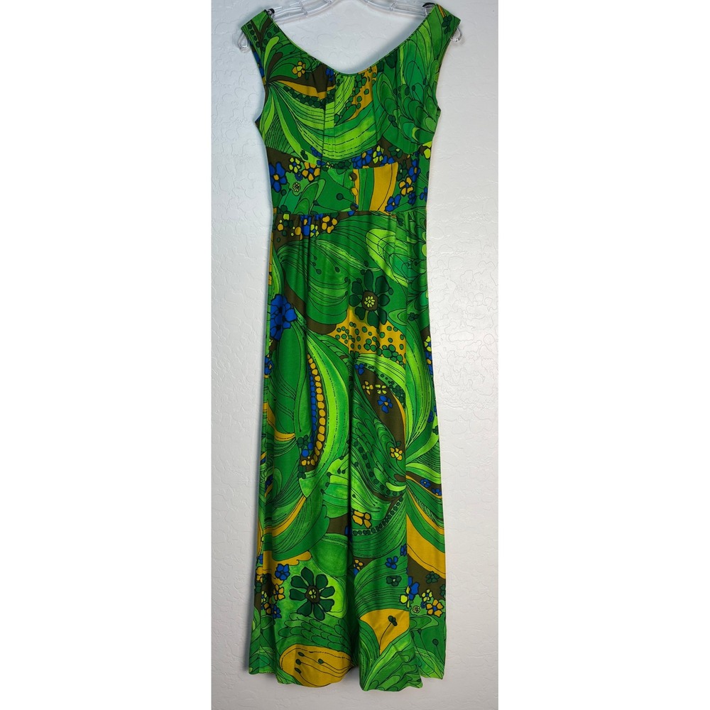 Royal Hawaiian Maxi Dress 60s 70s Green Psychedelic Floral Sleeveless Sz 8 2357‎